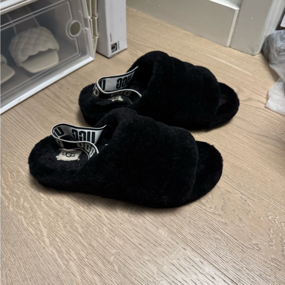 UGG Black Fluffy Slippers